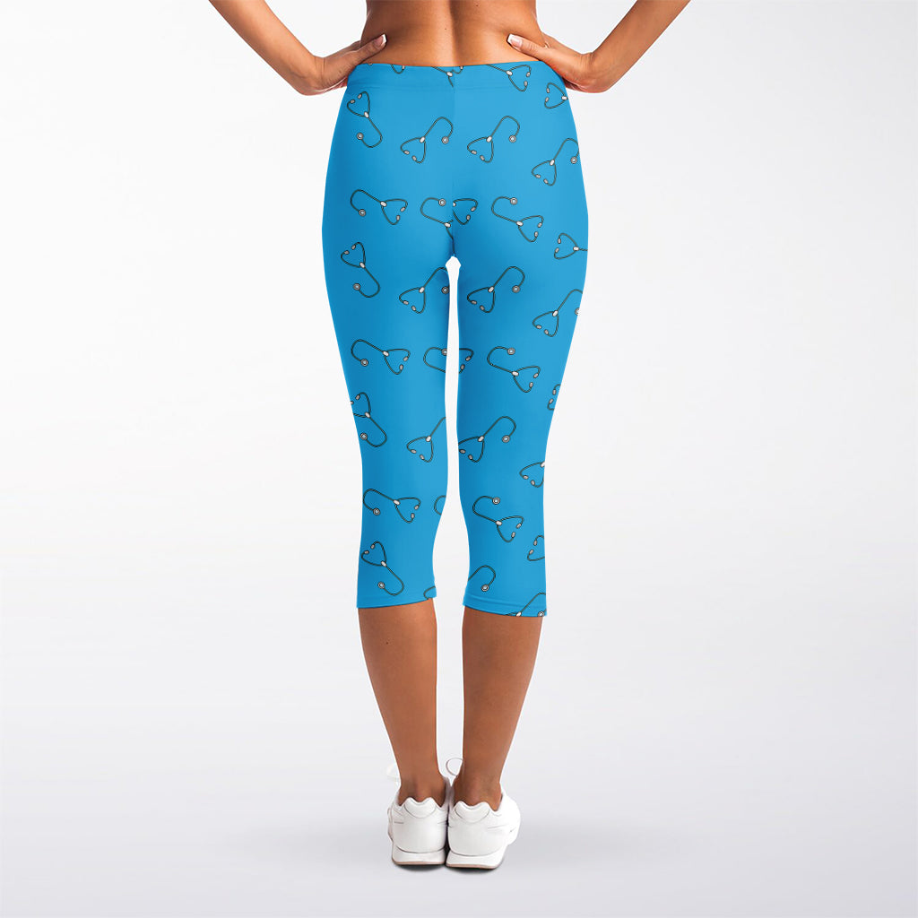 Blue Stethoscope Pattern Print Women's Capri Leggings