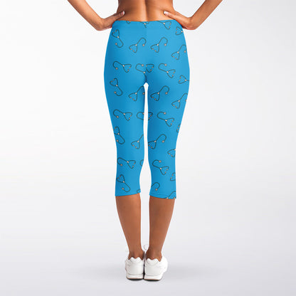 Blue Stethoscope Pattern Print Women's Capri Leggings
