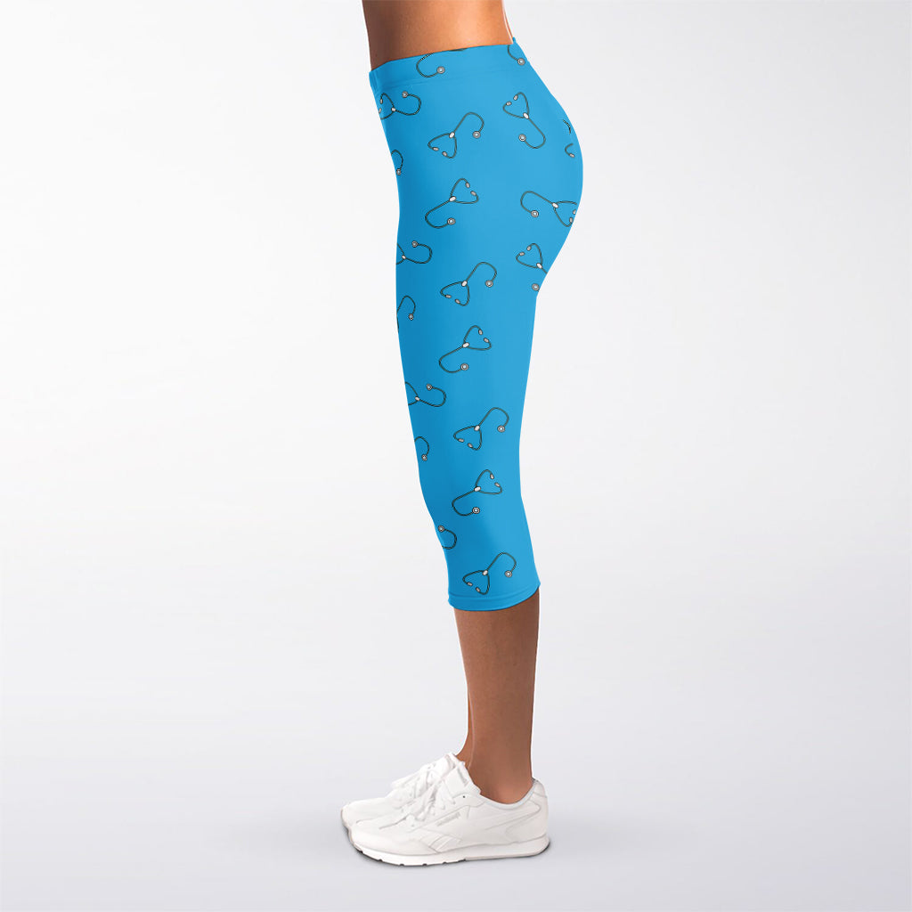 Blue Stethoscope Pattern Print Women's Capri Leggings