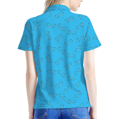 Blue Stethoscope Pattern Print Women's Polo Shirt