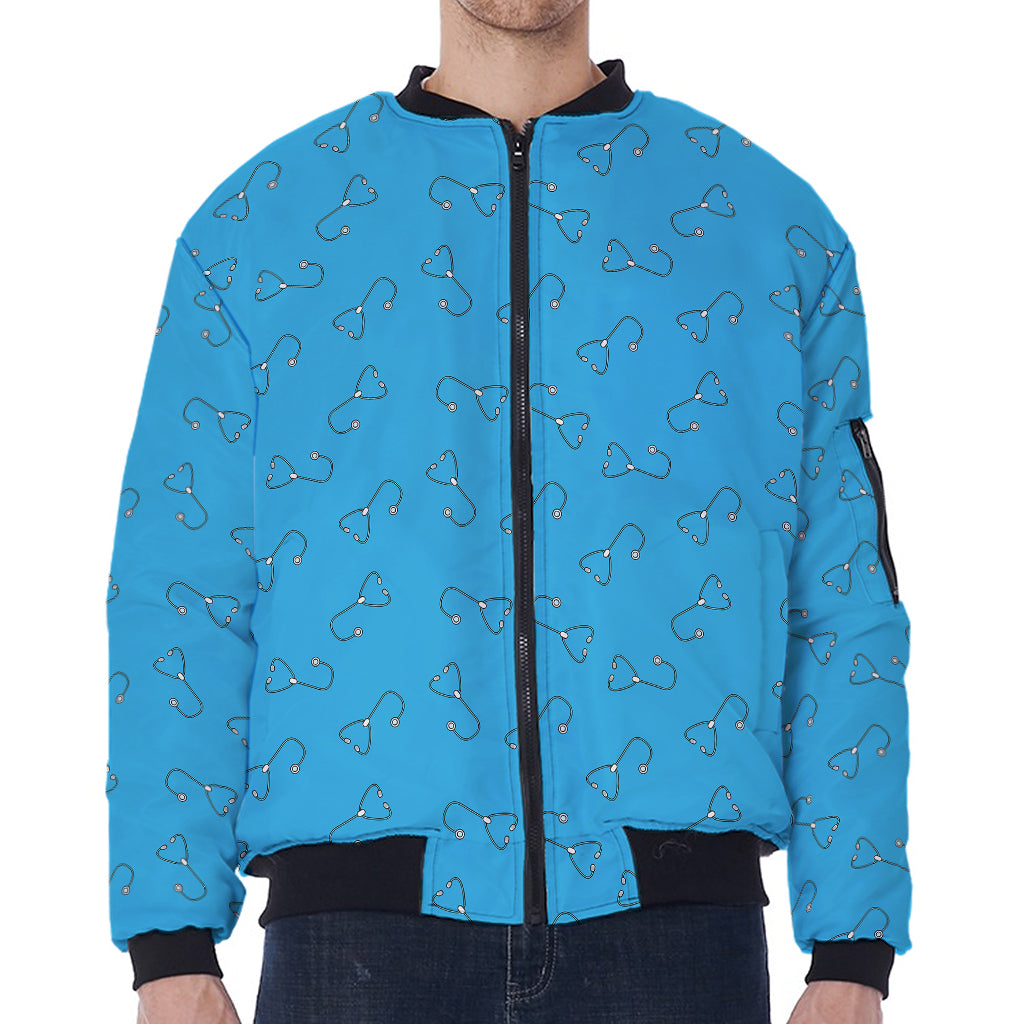 Blue Stethoscope Pattern Print Zip Sleeve Bomber Jacket