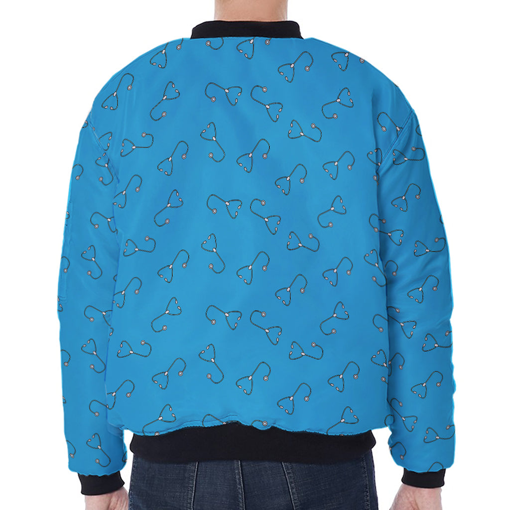 Blue Stethoscope Pattern Print Zip Sleeve Bomber Jacket