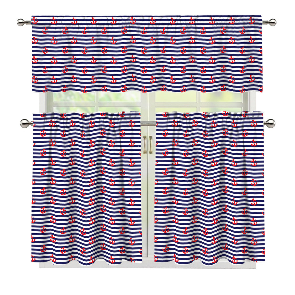 Blue Striped Nautical Anchor Print 3 Piece Kitchen Curtains