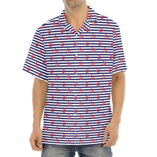 Blue Striped Nautical Anchor Print Aloha Shirt
