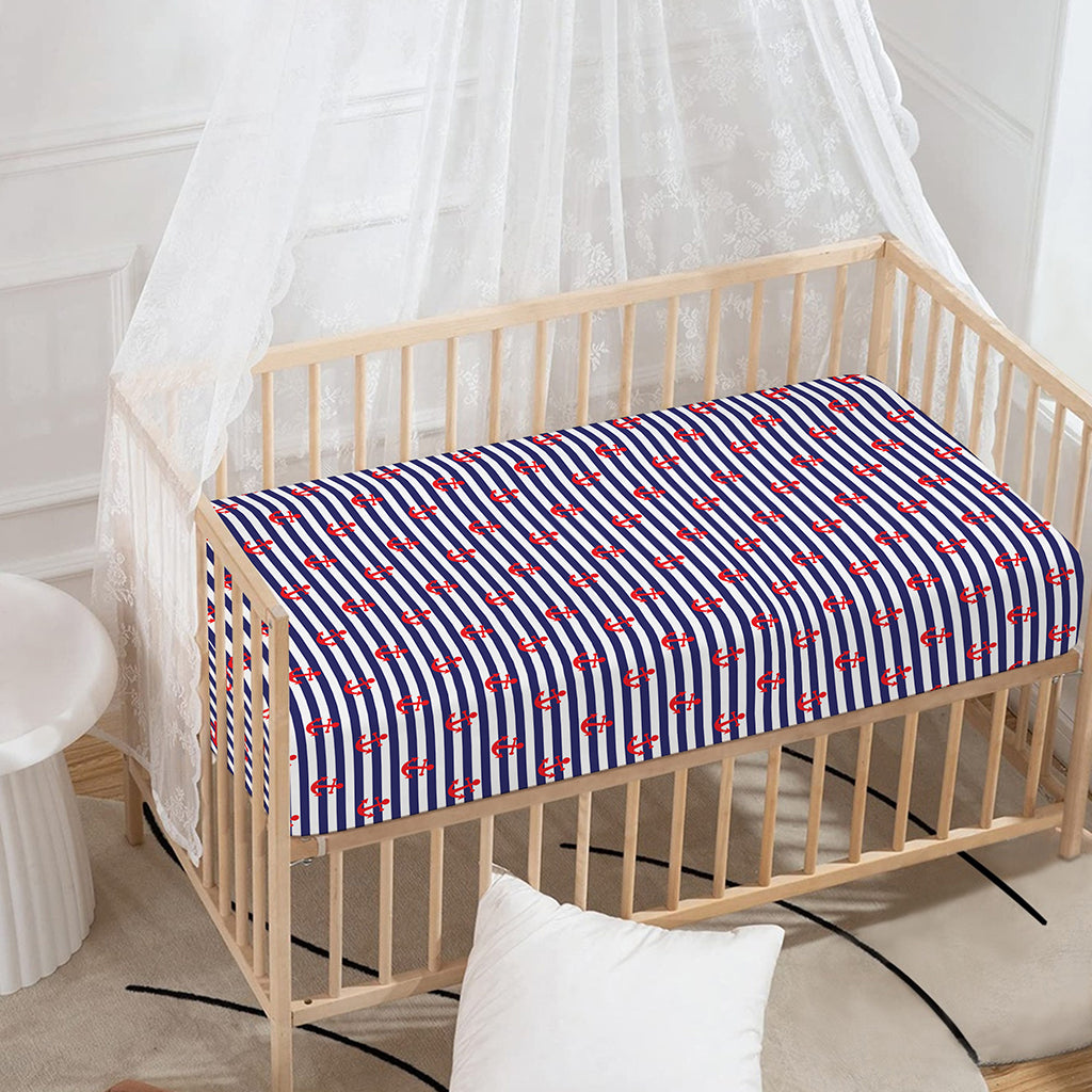 Blue Striped Nautical Anchor Print Baby Crib Sheet