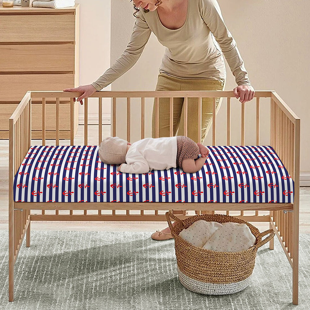 Blue Striped Nautical Anchor Print Baby Crib Sheet
