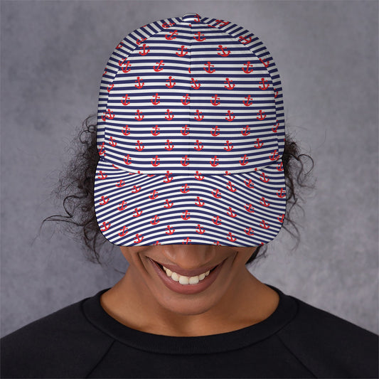 Blue Striped Nautical Anchor Print Baseball Cap