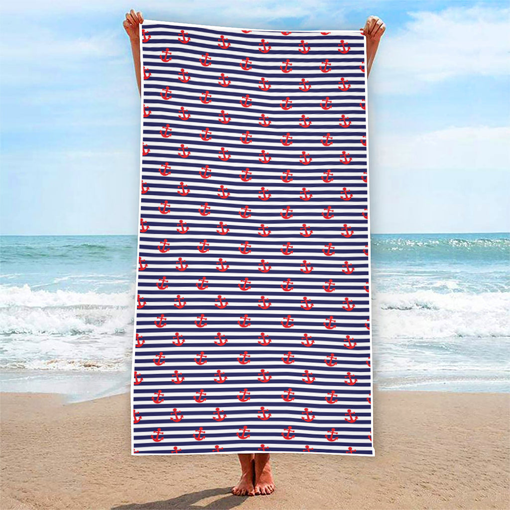 Blue Striped Nautical Anchor Print Beach Towel