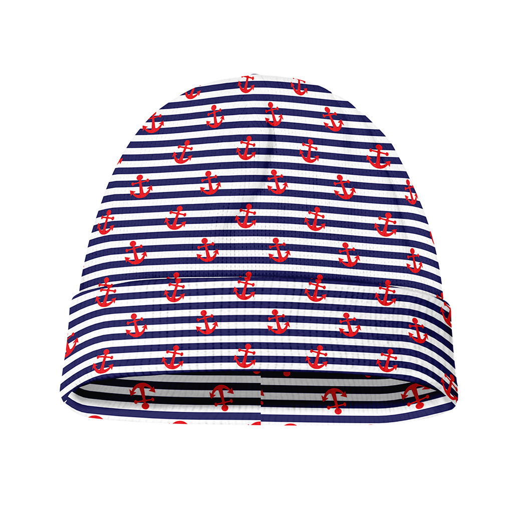 Blue Striped Nautical Anchor Print Beanie