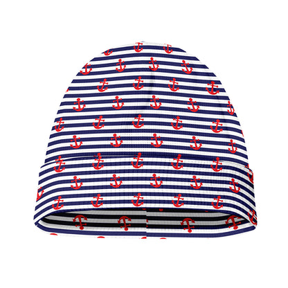 Blue Striped Nautical Anchor Print Beanie
