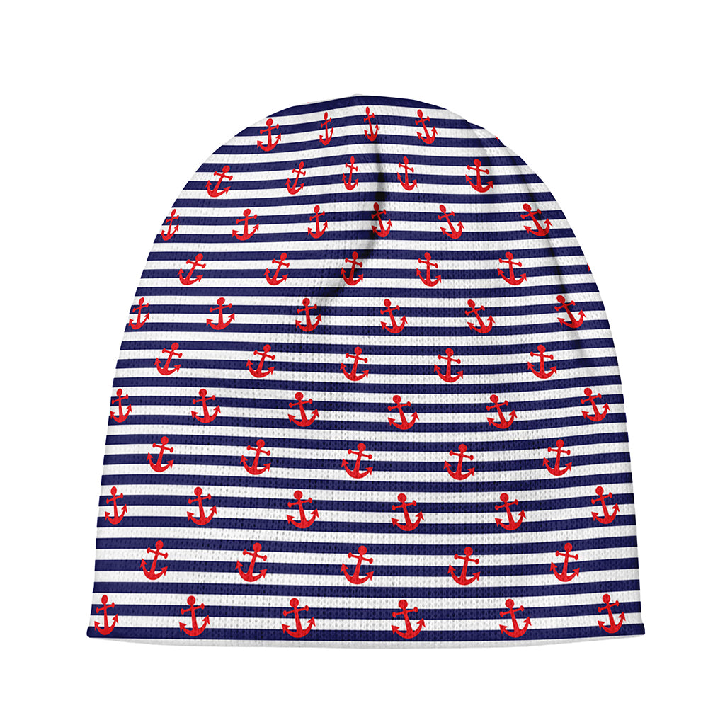 Blue Striped Nautical Anchor Print Beanie
