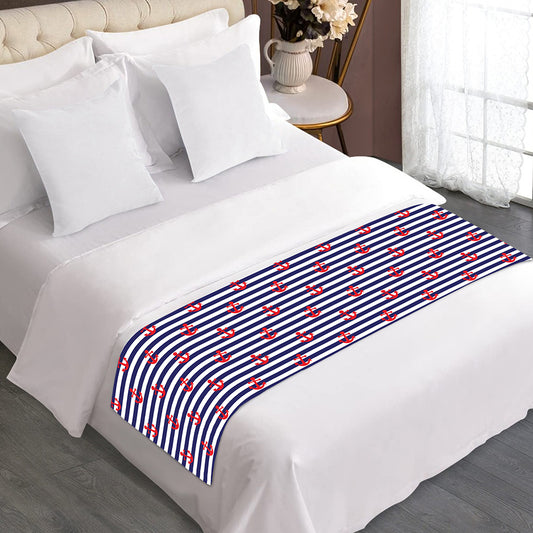 Blue Striped Nautical Anchor Print Bed Runner