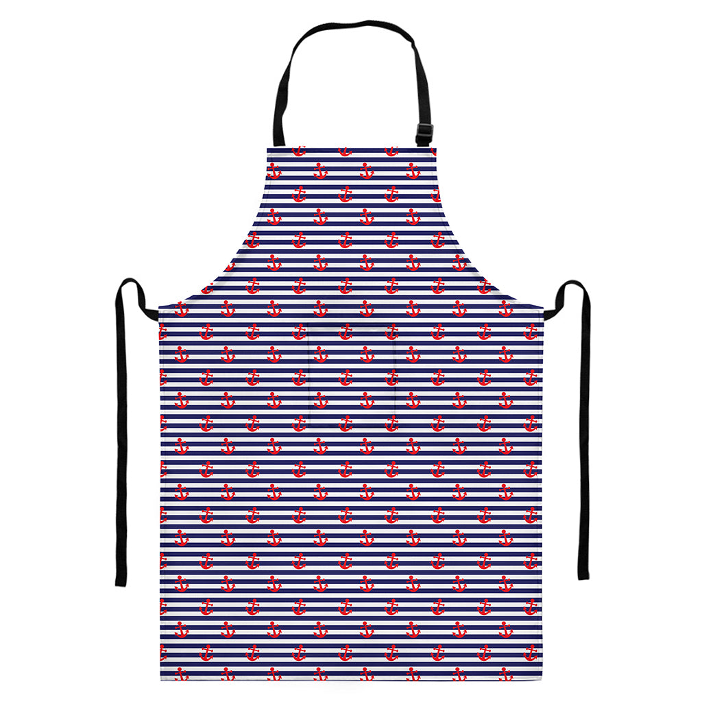 Blue Striped Nautical Anchor Print Bib Apron With Pocket