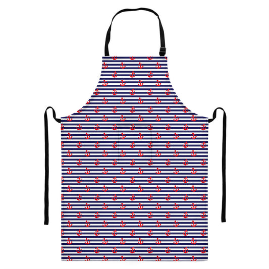 Blue Striped Nautical Anchor Print Bib Apron With Pocket