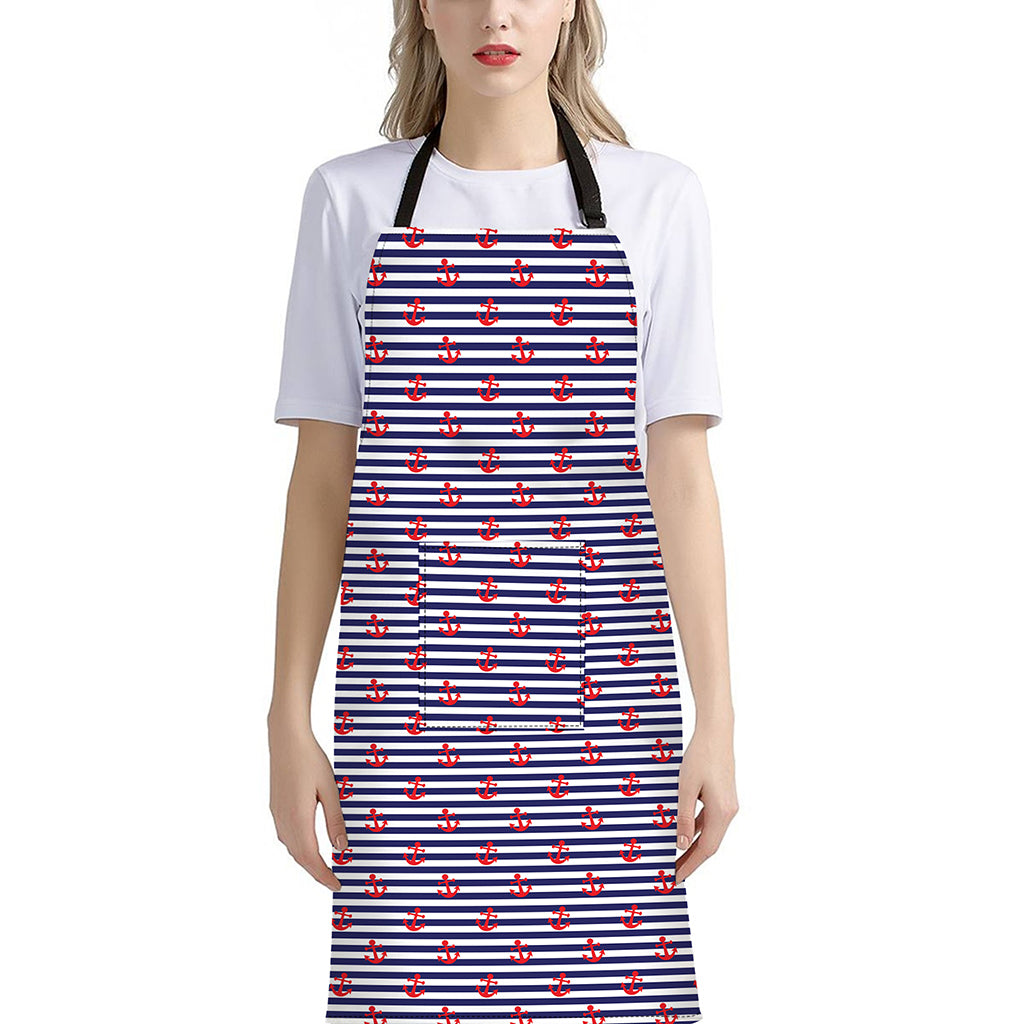 Blue Striped Nautical Anchor Print Bib Apron With Pocket