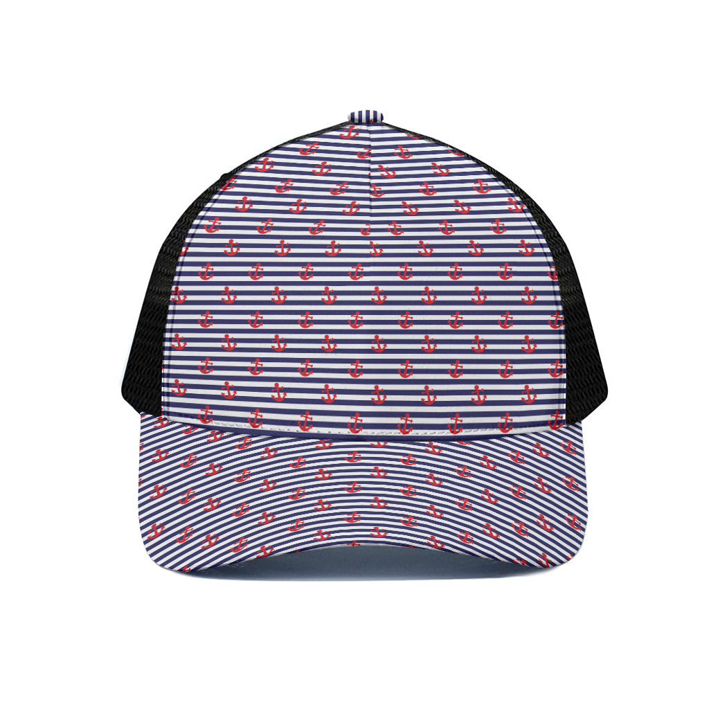 Blue Striped Nautical Anchor Print Black Mesh Trucker Cap