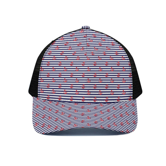 Blue Striped Nautical Anchor Print Black Mesh Trucker Cap