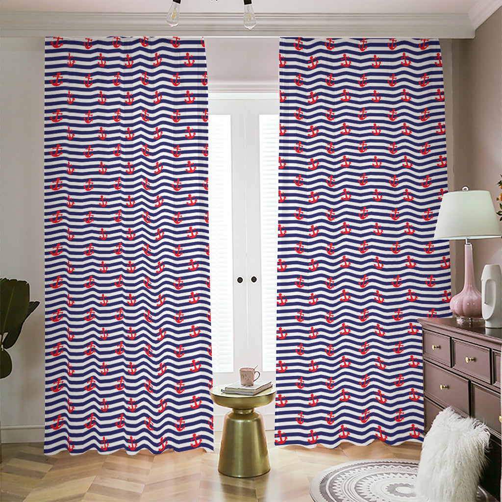 Blue Striped Nautical Anchor Print Blackout Pencil Pleat Curtains