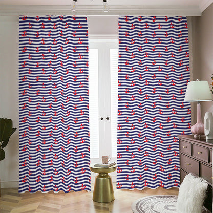 Blue Striped Nautical Anchor Print Blackout Pencil Pleat Curtains