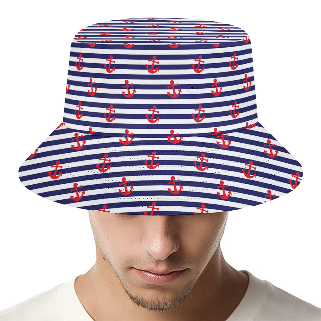 Blue Striped Nautical Anchor Print Bucket Hat