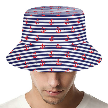 Blue Striped Nautical Anchor Print Bucket Hat