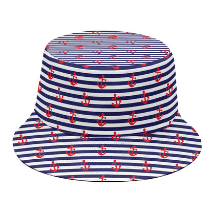 Blue Striped Nautical Anchor Print Bucket Hat