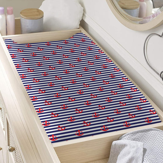 Blue Striped Nautical Anchor Print Changing Pad Cover