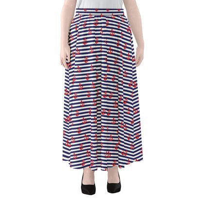 Blue Striped Nautical Anchor Print Chiffon Maxi Skirt