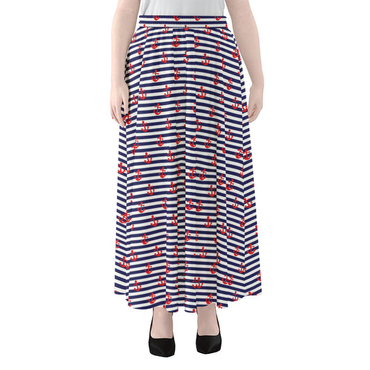 Blue Striped Nautical Anchor Print Chiffon Maxi Skirt