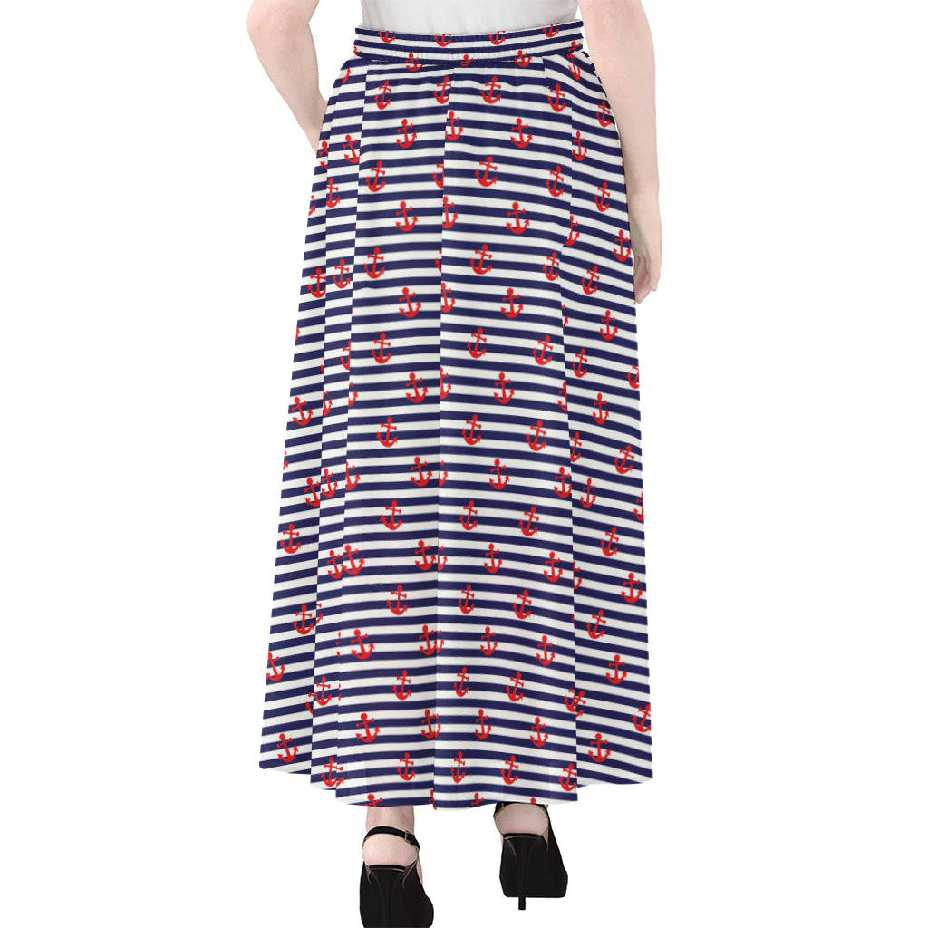 Blue Striped Nautical Anchor Print Chiffon Maxi Skirt