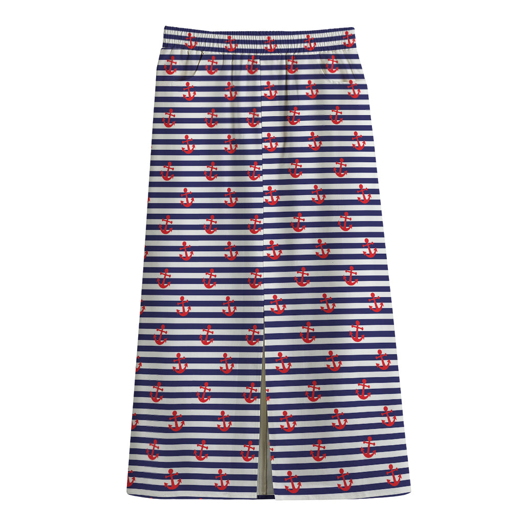 Blue Striped Nautical Anchor Print Cotton Front Slit Maxi Skirt