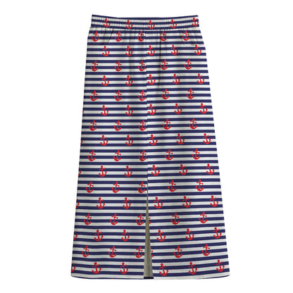 Blue Striped Nautical Anchor Print Cotton Front Slit Maxi Skirt