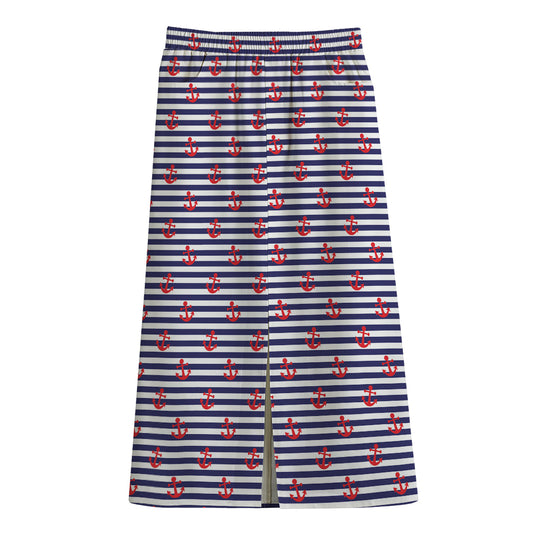 Blue Striped Nautical Anchor Print Cotton Front Slit Maxi Skirt