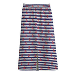 Blue Striped Nautical Anchor Print Cotton Front Slit Maxi Skirt