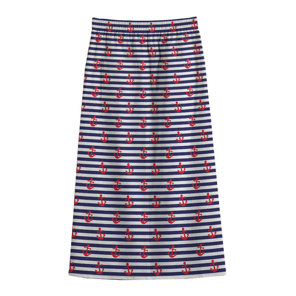 Blue Striped Nautical Anchor Print Cotton Front Slit Maxi Skirt