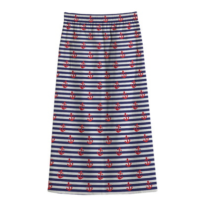 Blue Striped Nautical Anchor Print Cotton Front Slit Maxi Skirt