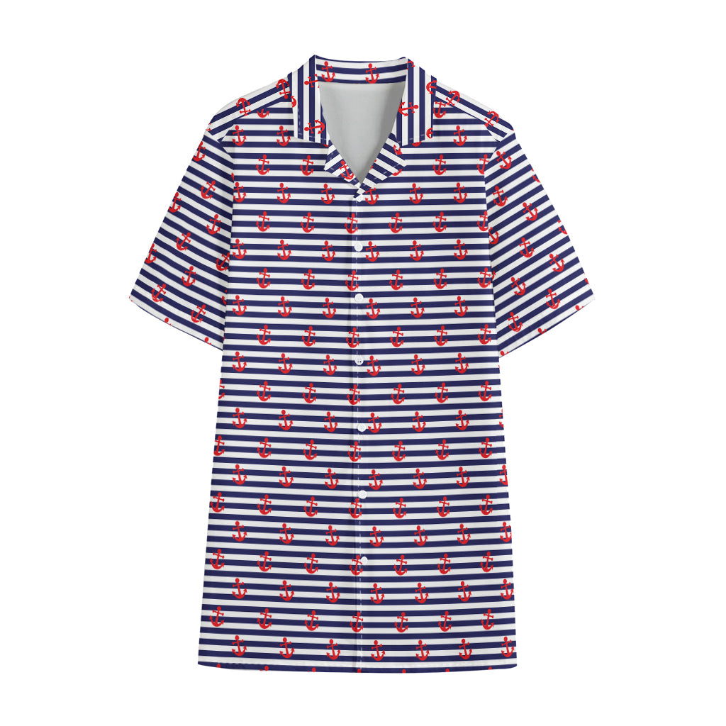 Blue Striped Nautical Anchor Print Cotton Hawaiian Shirt