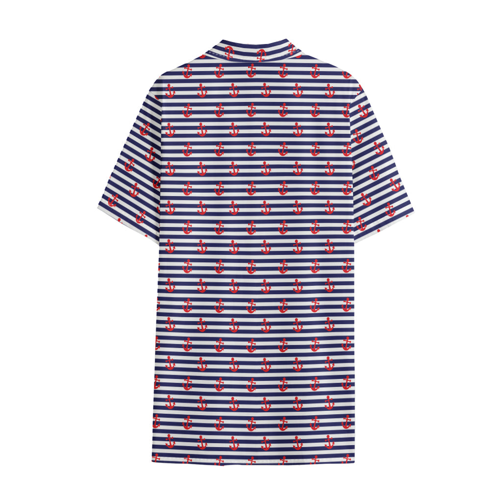 Blue Striped Nautical Anchor Print Cotton Hawaiian Shirt