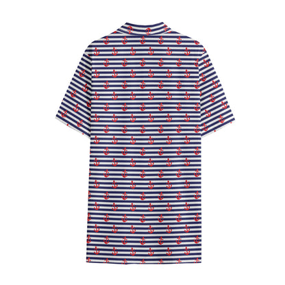 Blue Striped Nautical Anchor Print Cotton Hawaiian Shirt