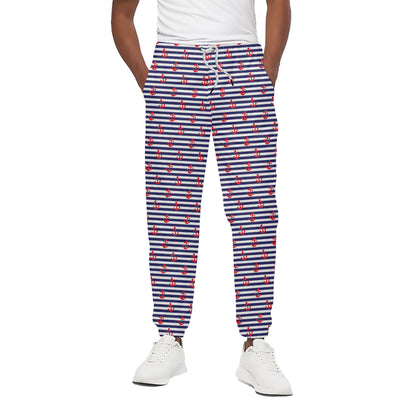 Blue Striped Nautical Anchor Print Cotton Pants