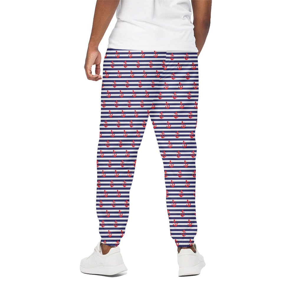 Blue Striped Nautical Anchor Print Cotton Pants