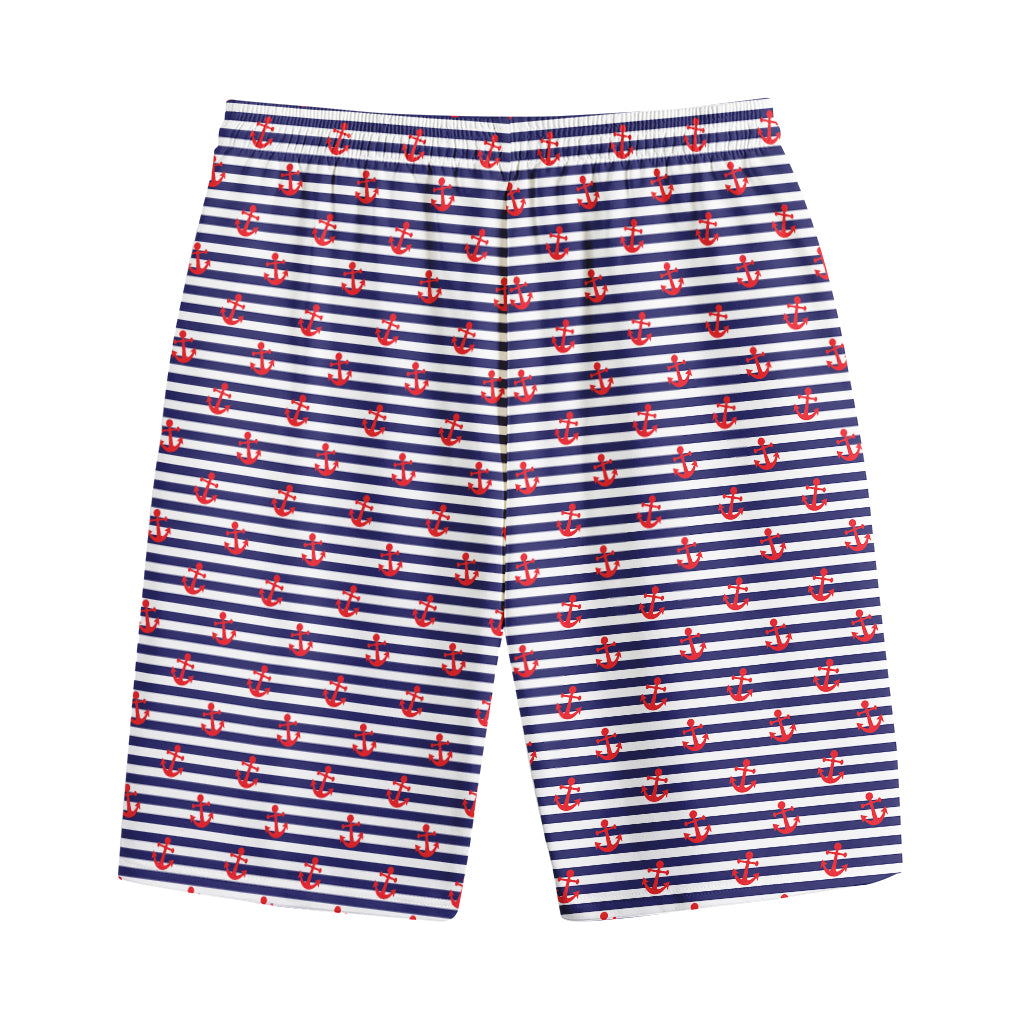 Blue Striped Nautical Anchor Print Cotton Shorts