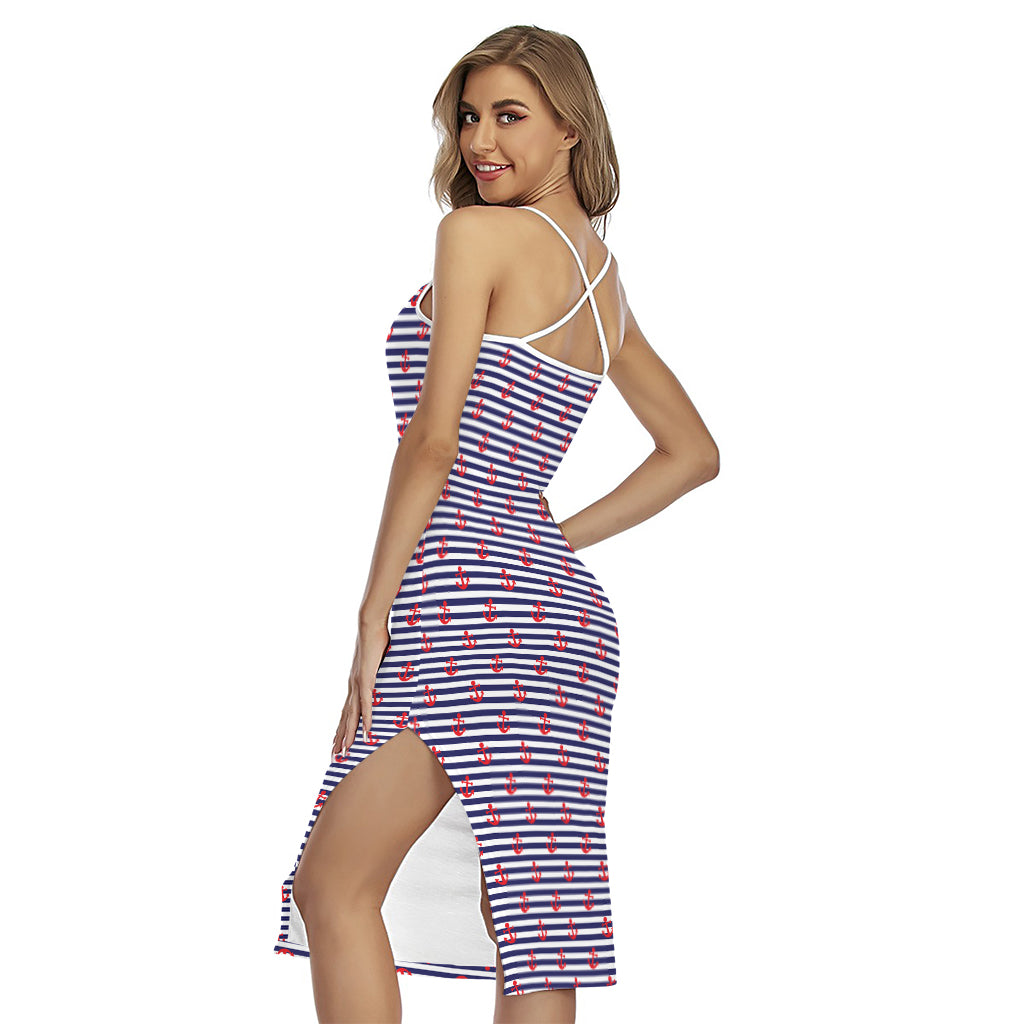 Blue Striped Nautical Anchor Print Cross Back Cami Dress