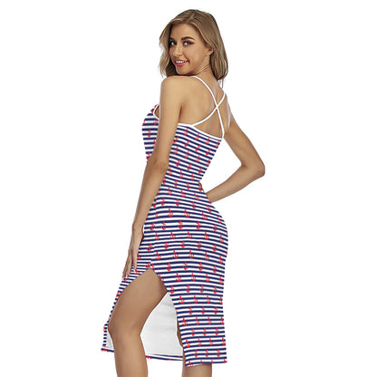 Blue Striped Nautical Anchor Print Cross Back Cami Dress