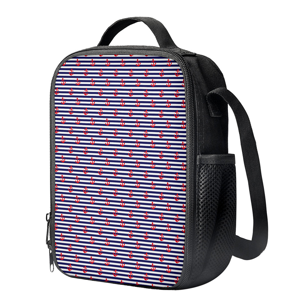 Blue Striped Nautical Anchor Print Crossbody Lunch Bag