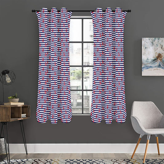 Blue Striped Nautical Anchor Print Curtain