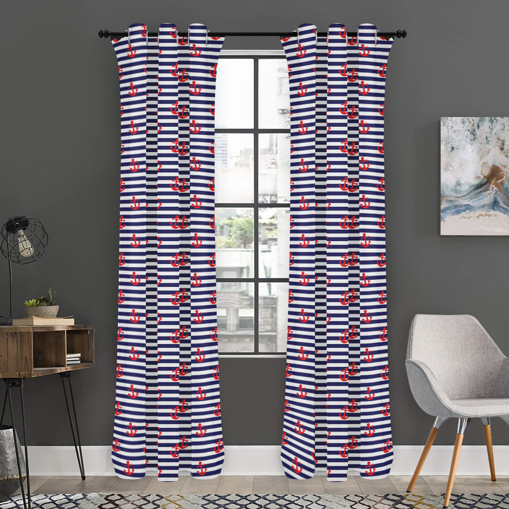 Blue Striped Nautical Anchor Print Curtain