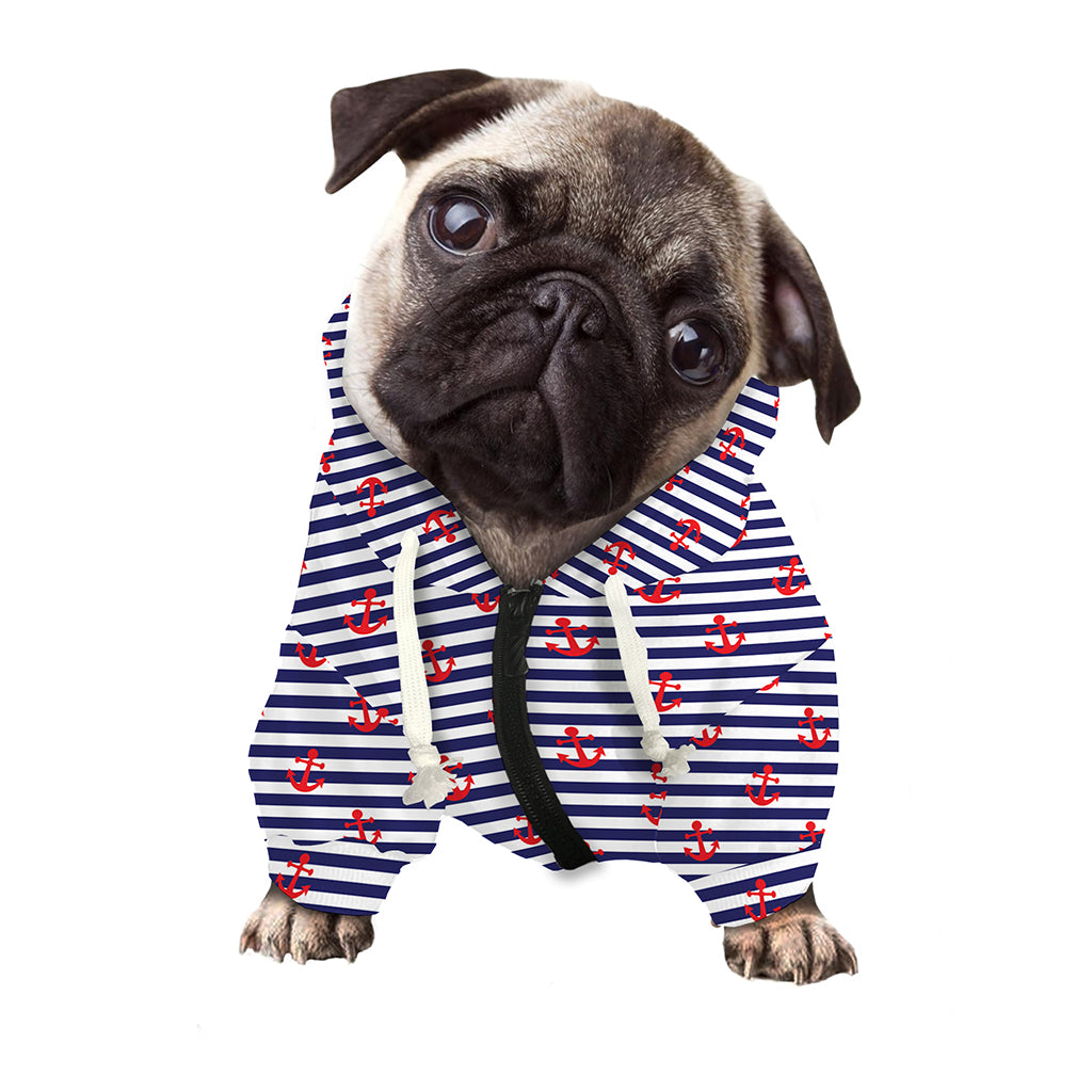 Blue Striped Nautical Anchor Print Dog Zip Up Hoodie