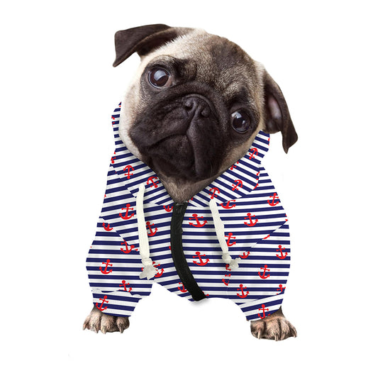 Blue Striped Nautical Anchor Print Dog Zip Up Hoodie
