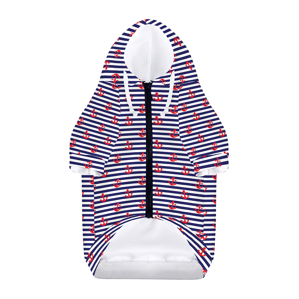 Blue Striped Nautical Anchor Print Dog Zip Up Hoodie